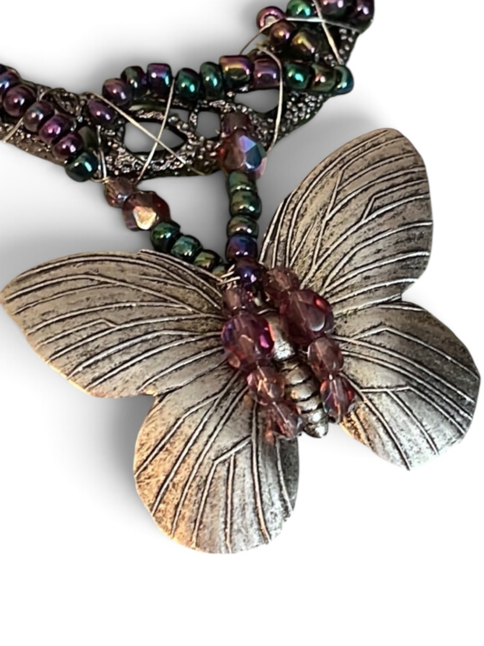 Handcrafted Oil Slick & Aurora Borealis Purple Accent Silver Butterfly Necklace